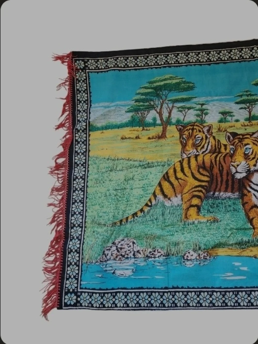 Vintage 1970s Asian Tiger Family Wall Tapestry Rug - Retro Boho Decor -53”x36”